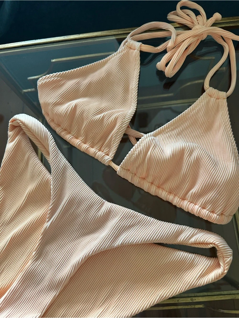 Peach Ribbed Triangle Bikini Set - Picture 3 of 5